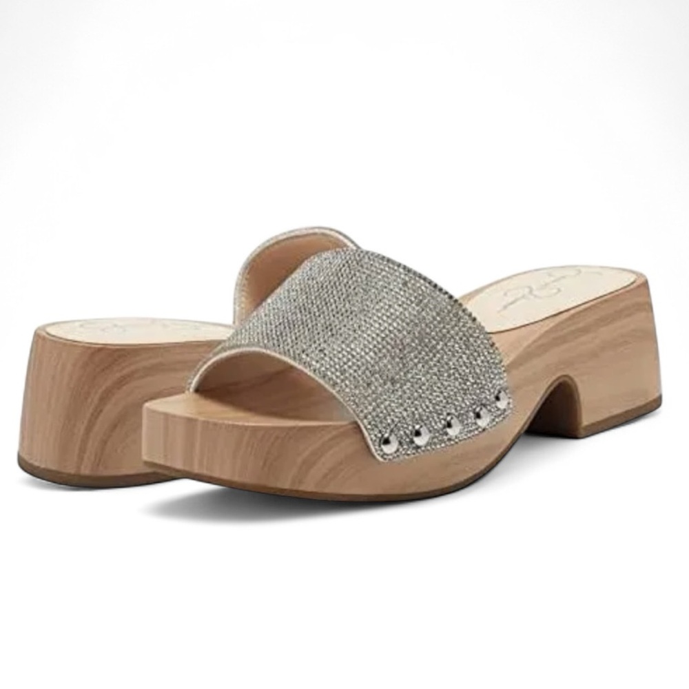 NEW IN BOX: Jessica Simpson Silver Shimmer Mules with Wooden Heel